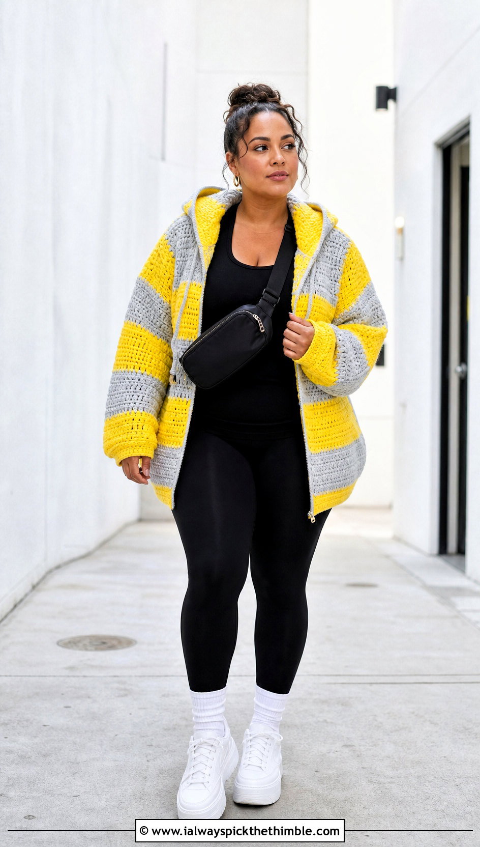 Oversized Striped Hexi Crochet Hoodie With Black Leggings - 20 hexi crochet hoodie outfit ideas