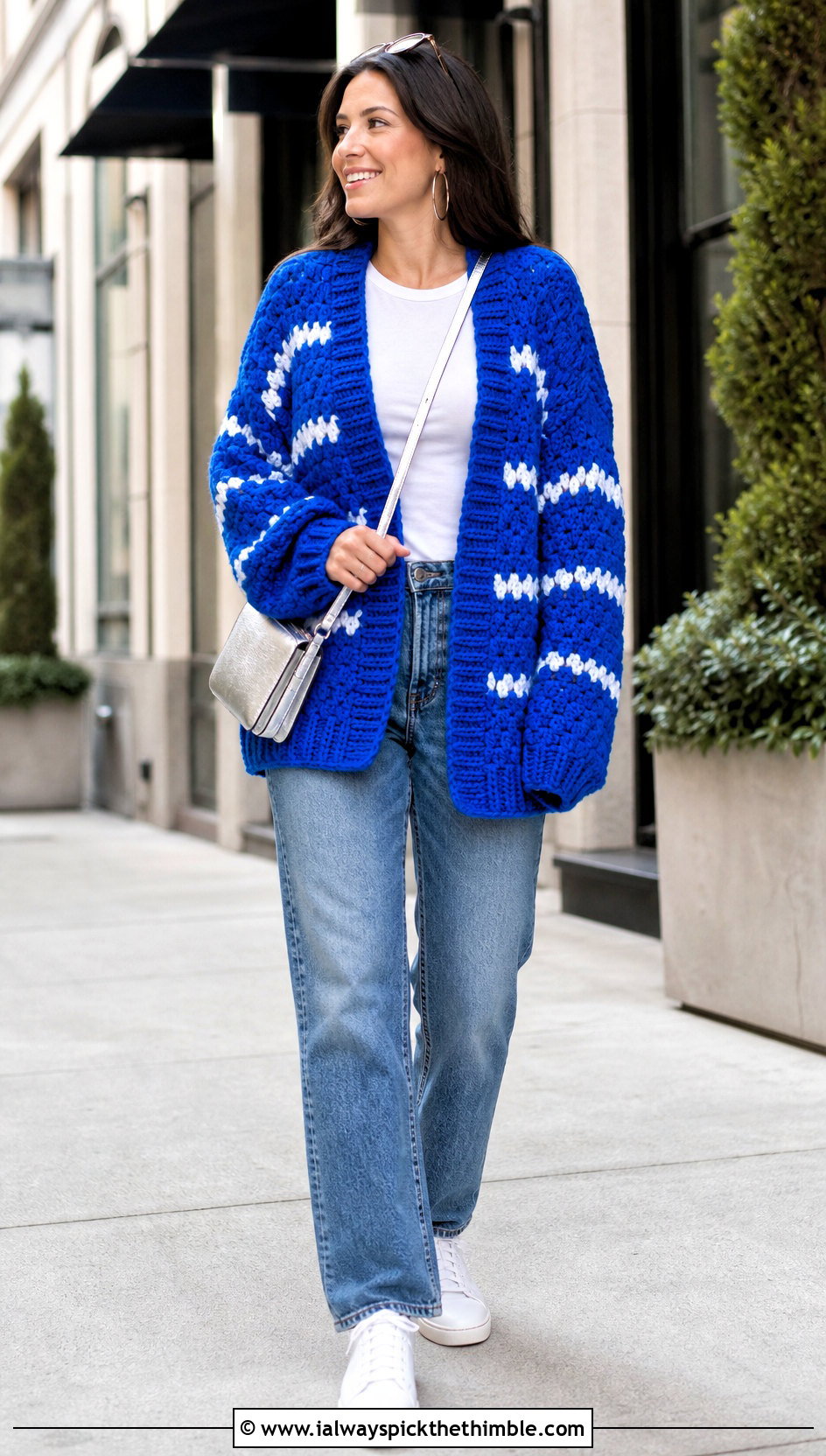 Oversized Striped Riverbed Crochet Cardigan With Straight Leg Jeans - 20 riverbed crochet cardigan outfit ideas