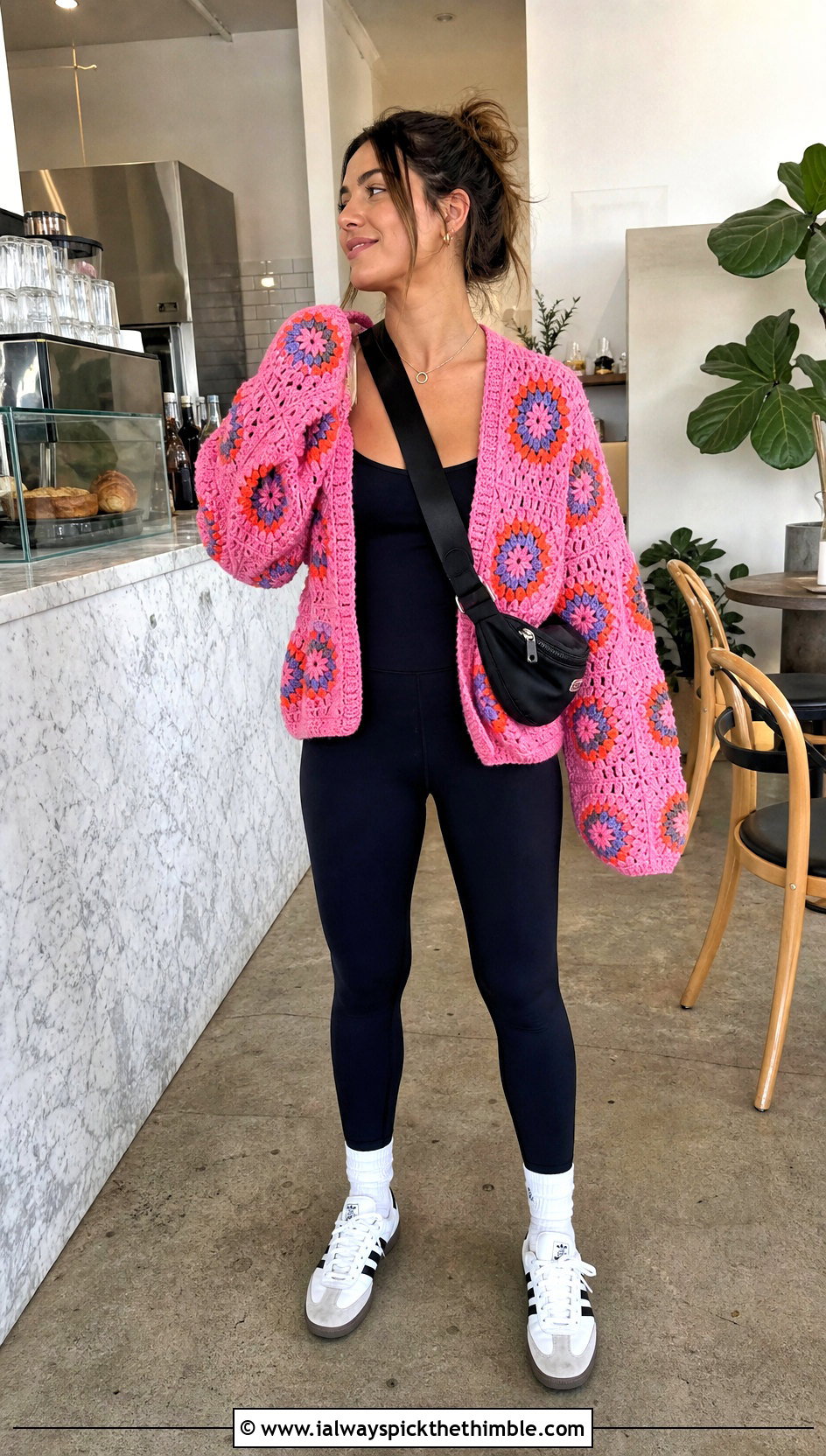 Oversized Sunburst Granny Square Cardigan With Black Leggings - 25 sunburst granny square cardigan outfit ideas