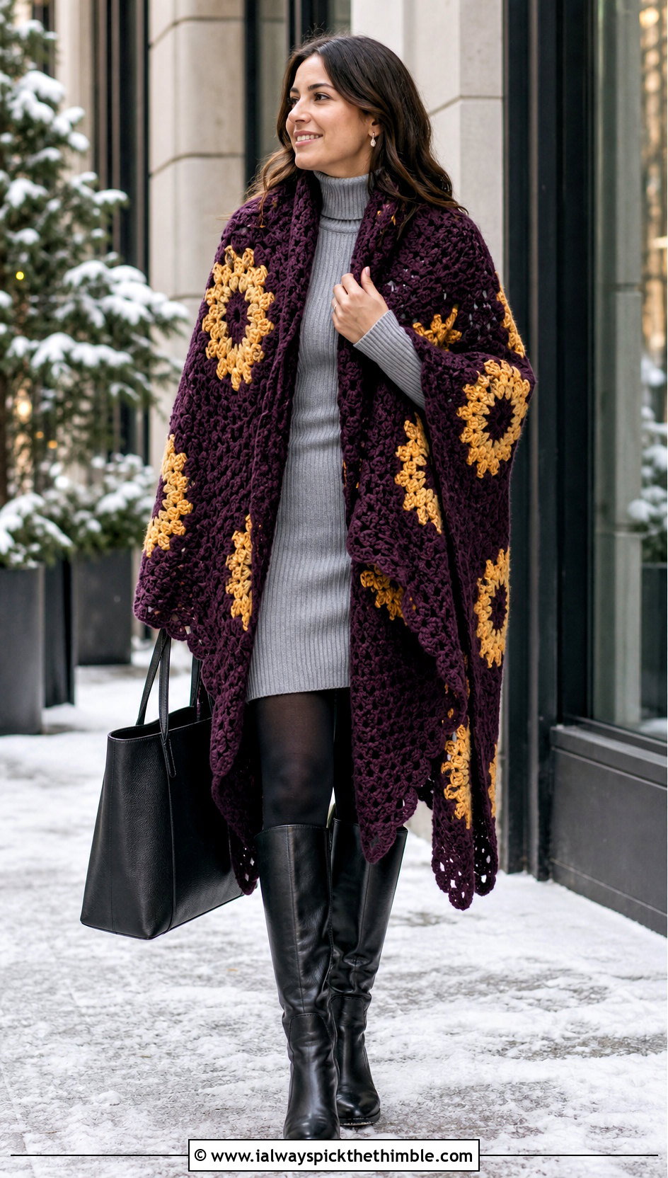 Oversized Sunflower Crochet Blanket Shawl With Sweater Dress - 20 Sunflower Crochet Shawl outfit ideas