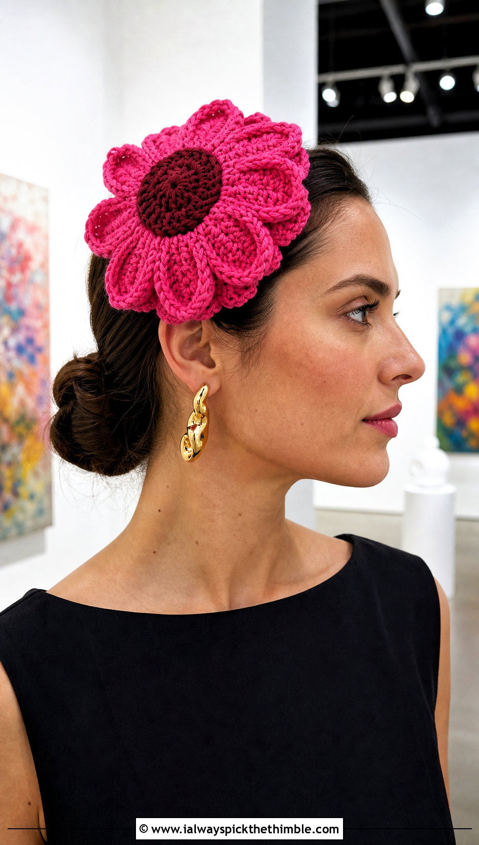 Oversized Sunflower Crochet Headband With Black Midi Dress - 20 Crochet Sunflower Headband outfit ideas