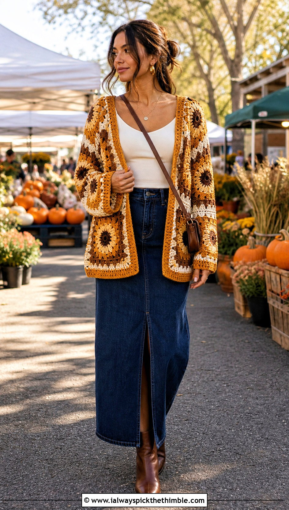 Oversized Sunflower Granny Square Crochet Cardigan With Denim Maxi Skirt - 25 oversized crochet cardigan outfit ideas
