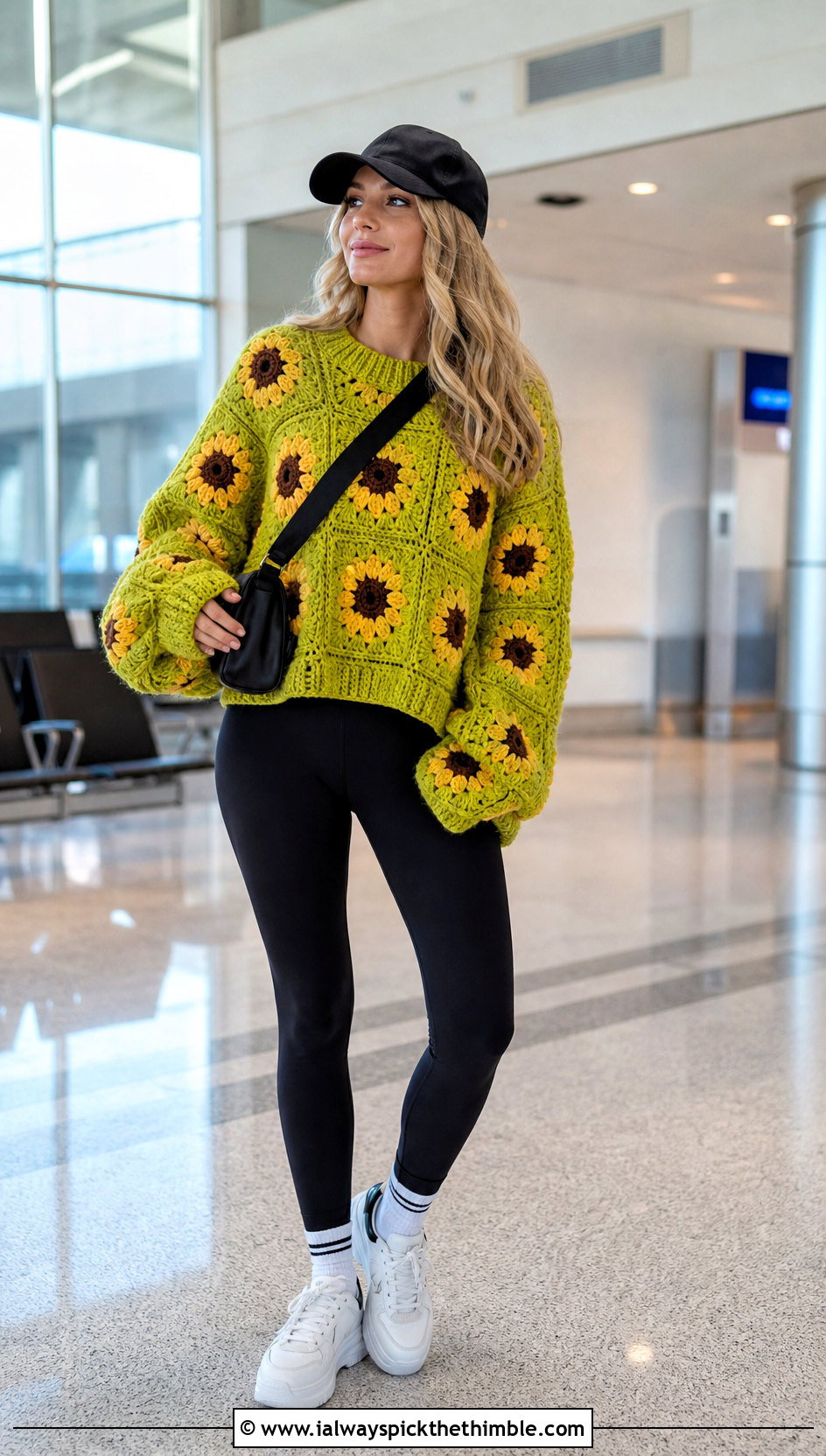 Oversized Sunflower Granny Square Pullover Sweater With Black Leggings - 15 Sunflower Granny Square Pullover Sweater outfit ideas