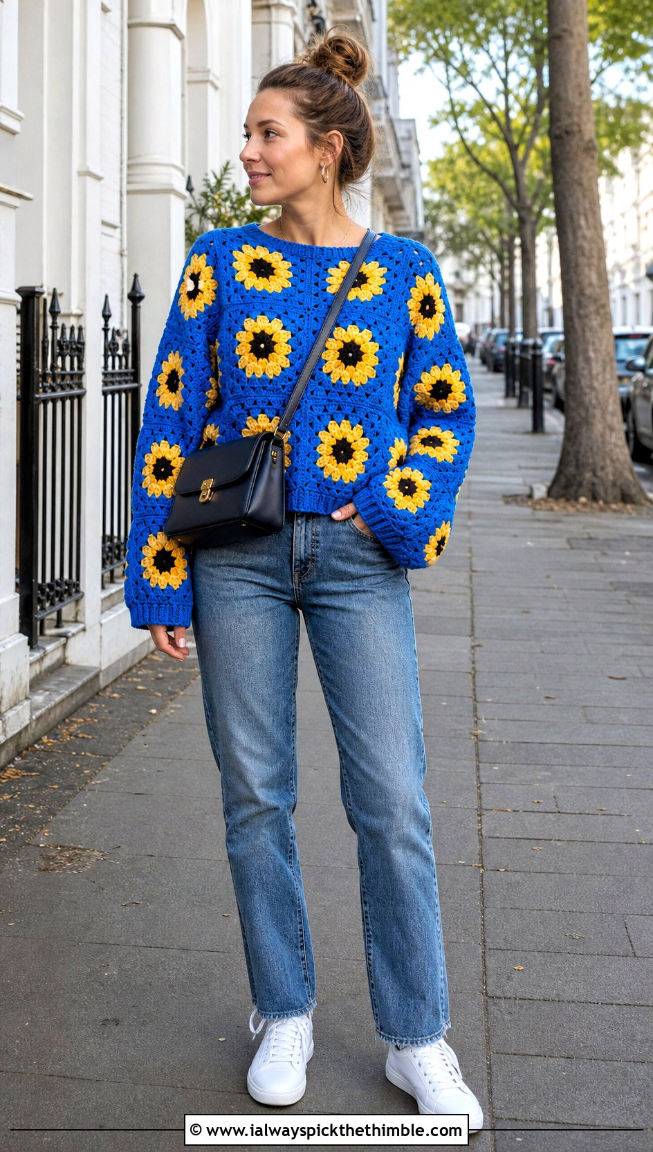 Oversized Sunflower Granny Square Sweater With Straight Leg Jeans - 20 sunflower granny square sweater outfit ideas
