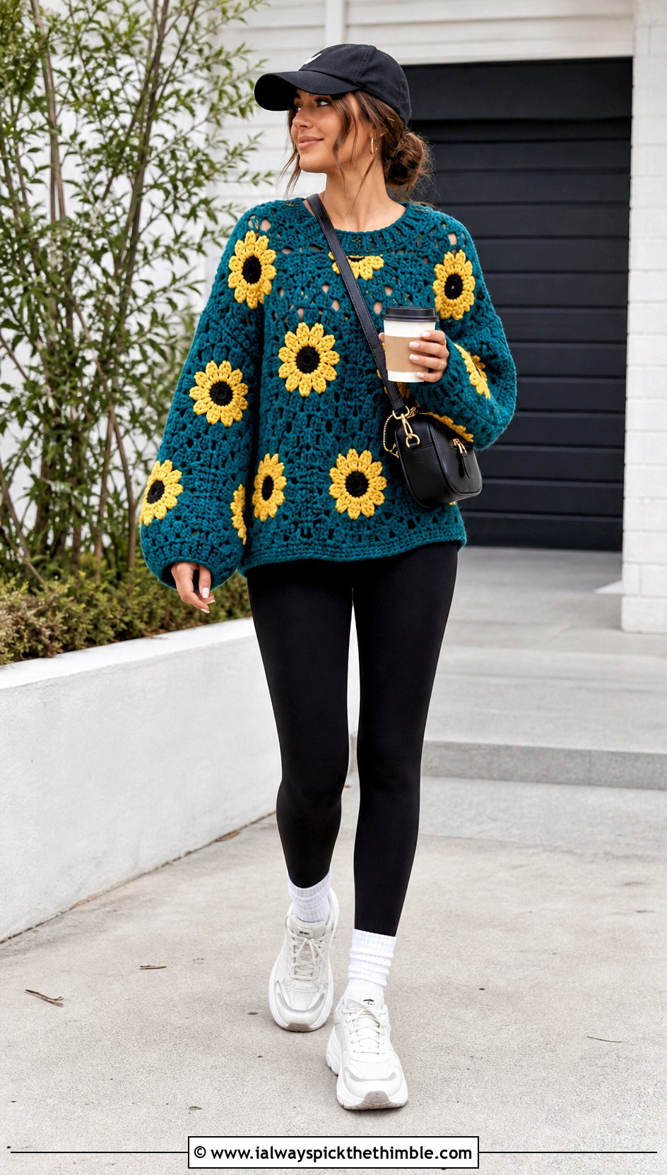 Oversized Sunflower Sweater With Black Leggings - 25 crochet sunflower sweater outfit ideas