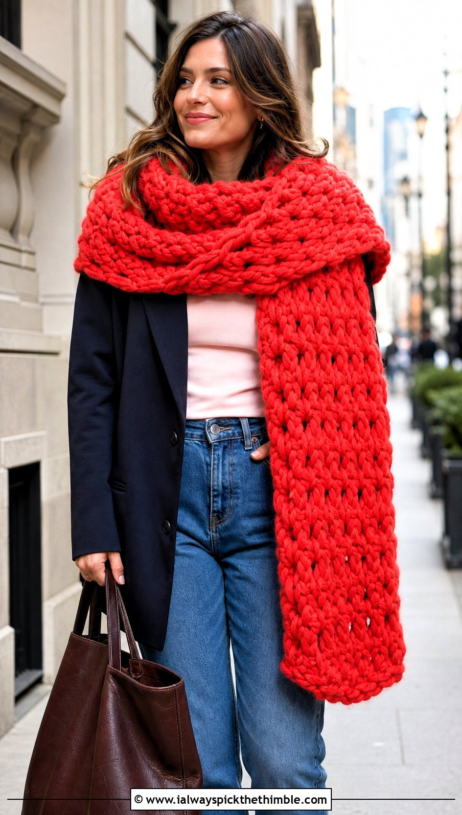 Oversized Super Chunky Crochet Super Scarf With Blazer - 20 Super Chunky Crochet Scarf outfit ideas