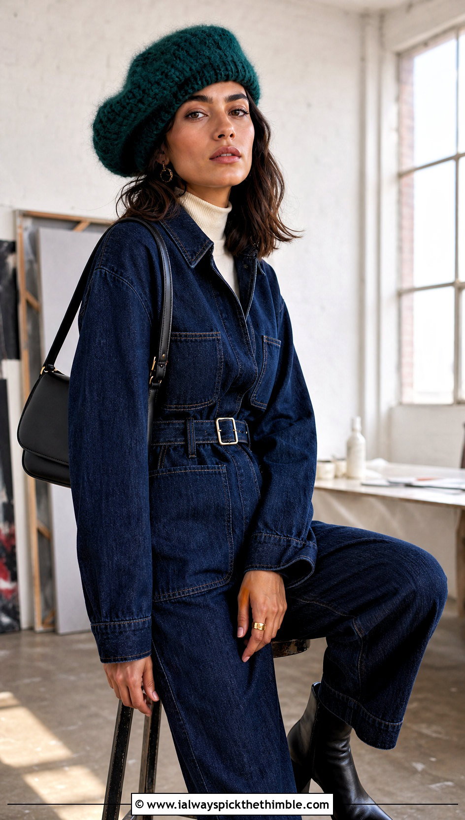 Oversized Tam Mohair Crochet Beanie With Denim Jumpsuit - 25 mohair crochet beanie outfit ideas