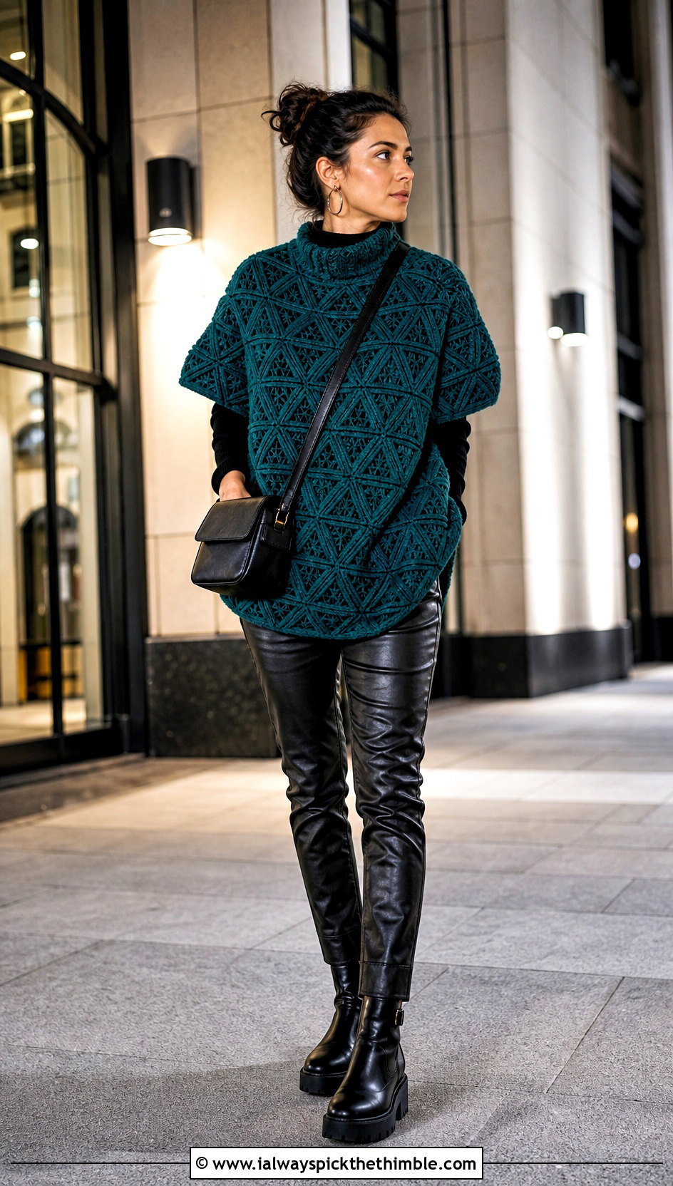 Oversized Tessellated Triangle Crochet Sweater With Leather Pants - 15 triangle crochet sweater outfit ideas