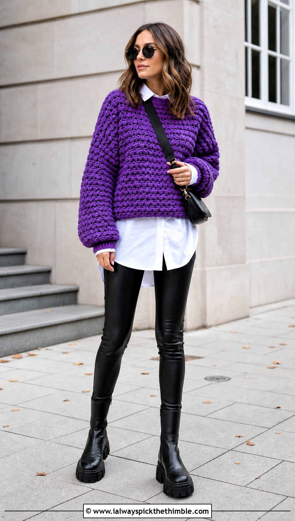 Oversized Textured Crochet Sweater With Leather Leggings - 25 fall crochet sweater outfit ideas