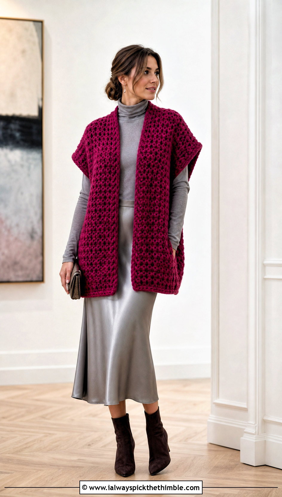 Oversized Textured Crochet Vest With Satin Skirt - 15 Crochet Fall Vest outfit ideas