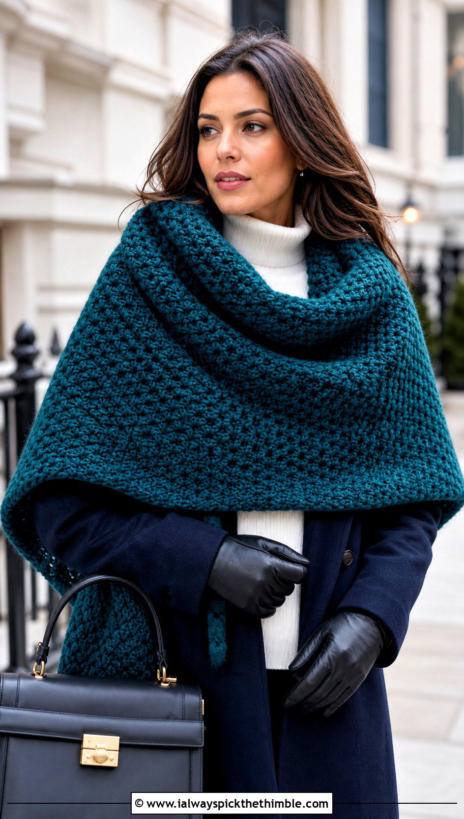 Oversized Thermal Stitch Blanket Scarf With Wool Coat - 20 Thermal Stitch Crochet Scarf outfit ideas