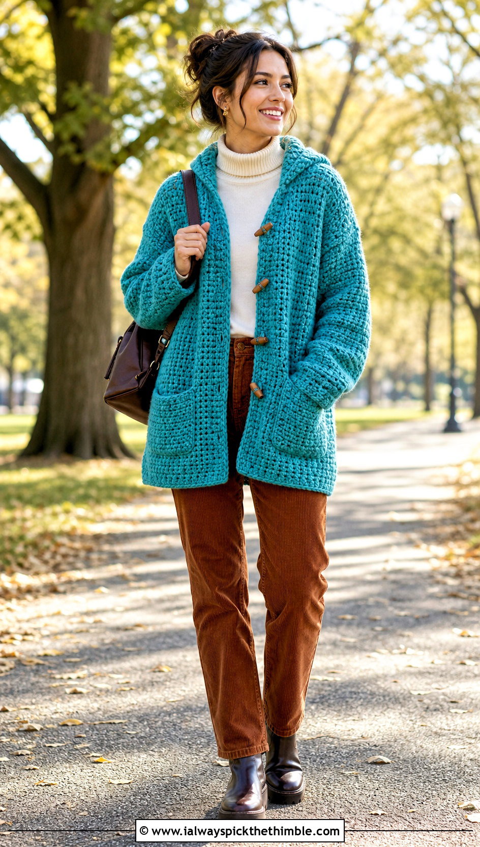 Oversized Toggle Front Crochet Cardigan With Corduroy Pants - 20 oversized chunky crochet cardigan outfit ideas