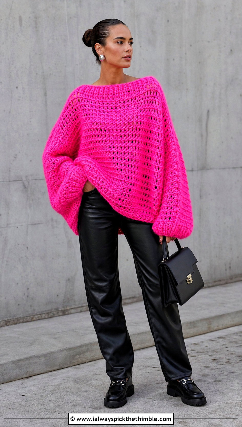 Oversized Top Down Crochet Sweater With Leather Pants - 15 Easy Top Down Crochet Sweater outfit ideas