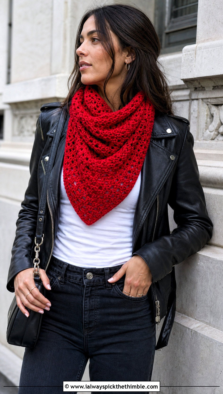 Oversized Triangle Bandana Crochet Scarf With Leather Jacket And Jeans - 20 Bandana Crochet Scarf outfit ideas
