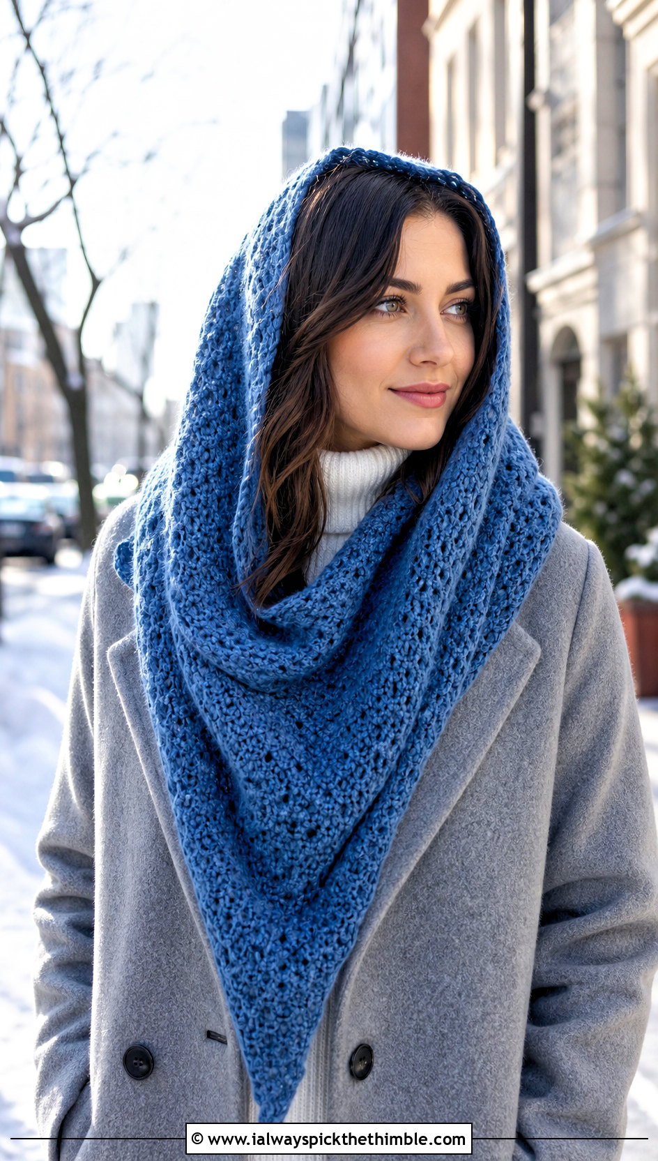 Oversized Triangle Crochet Head Scarf With Long Coat - 20 Crochet Boho Head Scarf outfit ideas