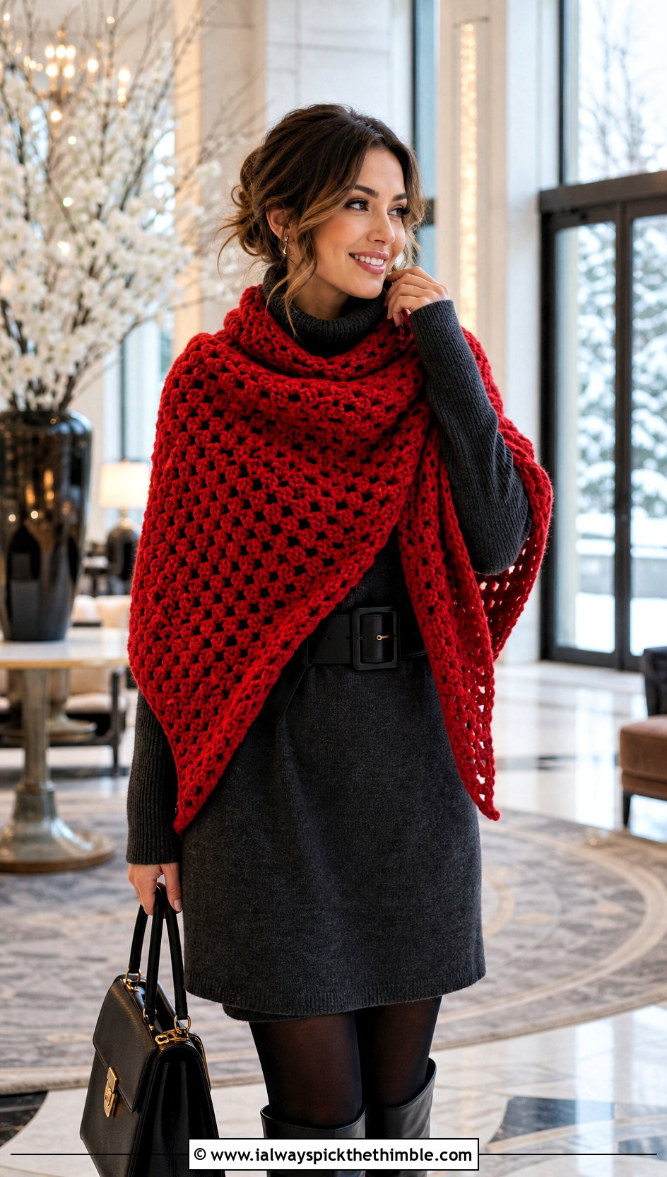 Oversized Triangle Crochet Shawl With Sweater Dress - 25 triangle crochet shawl outfit ideas