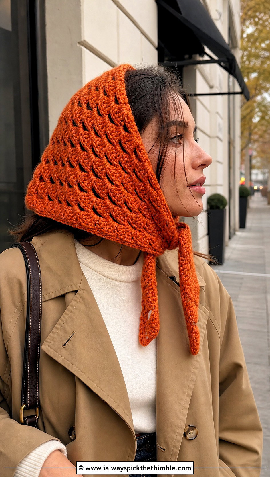 Oversized Triangle Granny Square Head Scarf With Trench Coat - 25 granny square head scarf outfit ideas