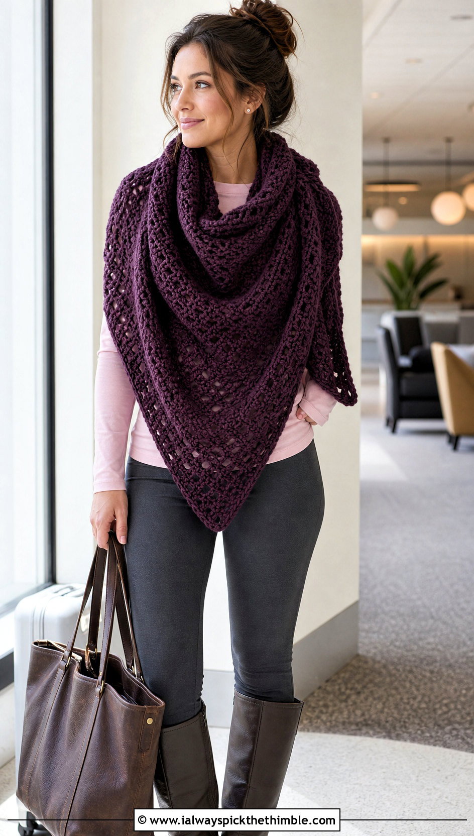 Oversized Triangle Shawl With Fitted Top And Leggings - 20 easy crochet triangle shawl outfit ideas