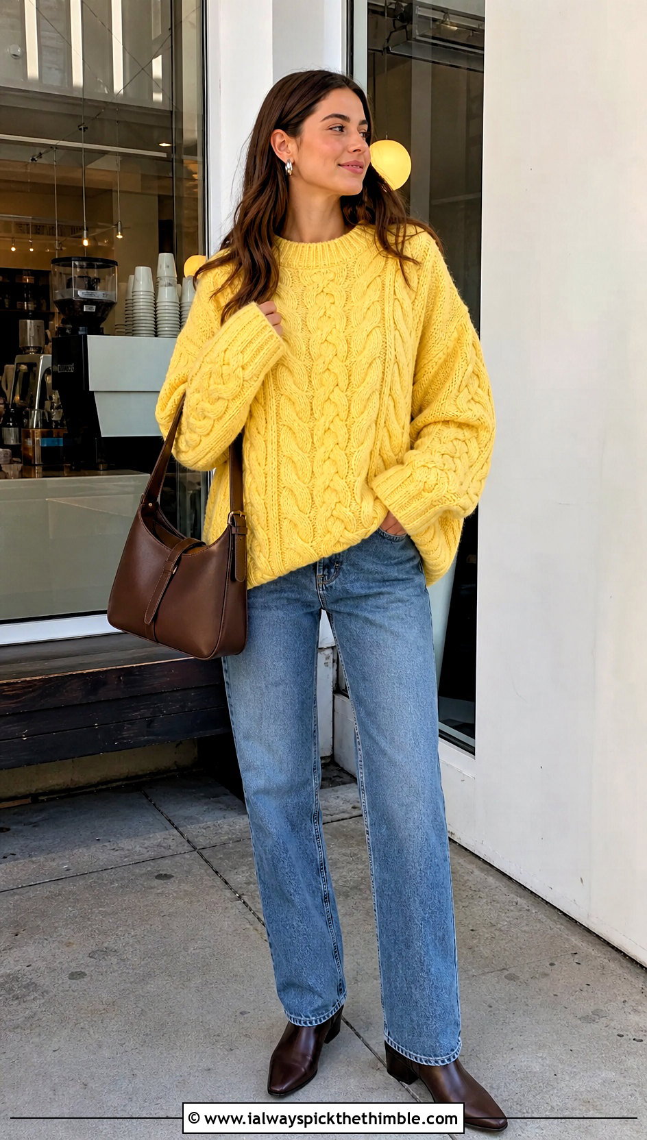 Oversized Triple Cable Crochet Sweater With Straight Leg Jeans - 20 crochet cable knit sweater outfit ideas