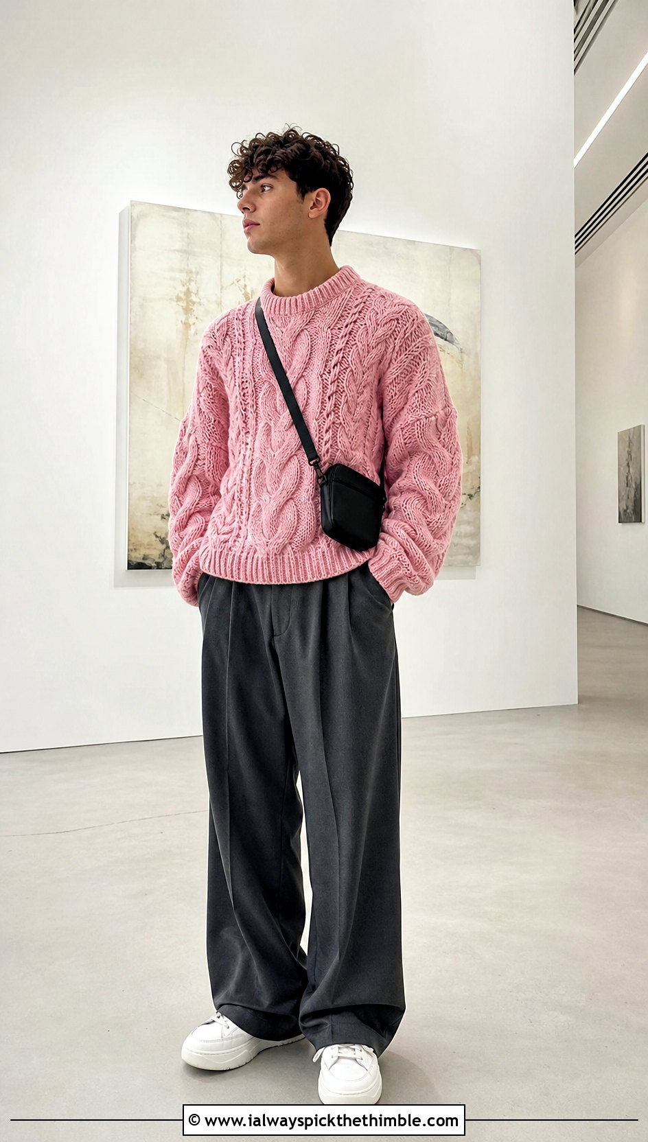 Oversized Triple Cable Sweater With Wide Leg Trousers - 15 Mens Cable Crochet Sweater outfit ideas