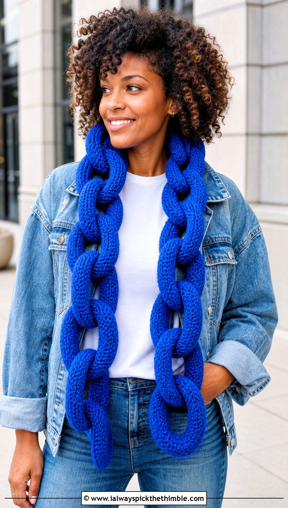Oversized Tubular Chain Link Crochet Scarf With Denim Jacket - 15 Chain Link Crochet Scarf outfit ideas