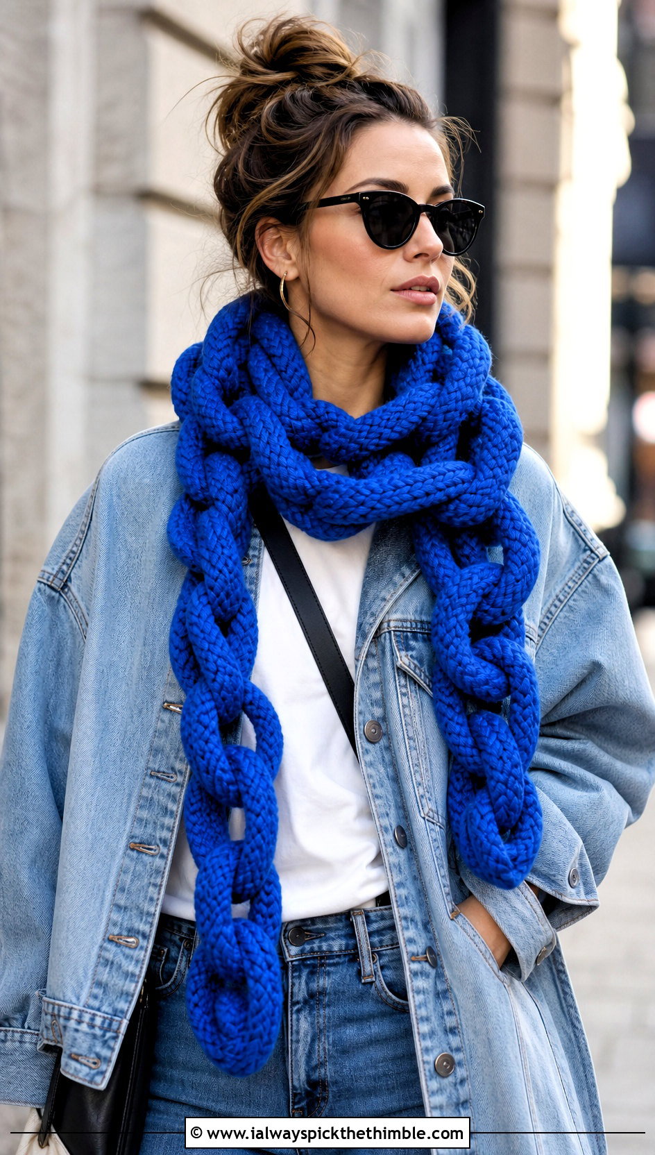 Oversized Tubular Chain Link Scarf With Denim Jacket - 20 Crochet Chain Link Scarf outfit ideas