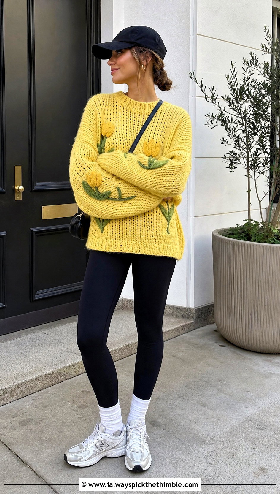 Oversized Tulip Motif Sweater With Leggings - 20 Tulip Crochet Sweater outfit ideas