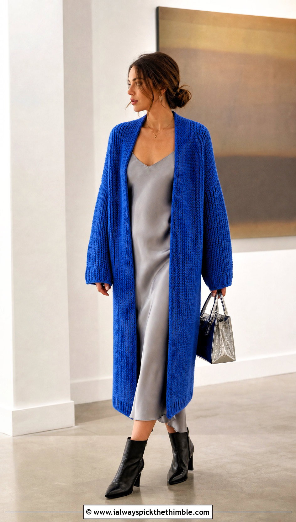 Oversized Tunisian Knit Stitch Cardigan With Satin Slip Dress - 20 Tunisian Crochet Clothing and outfit ideas