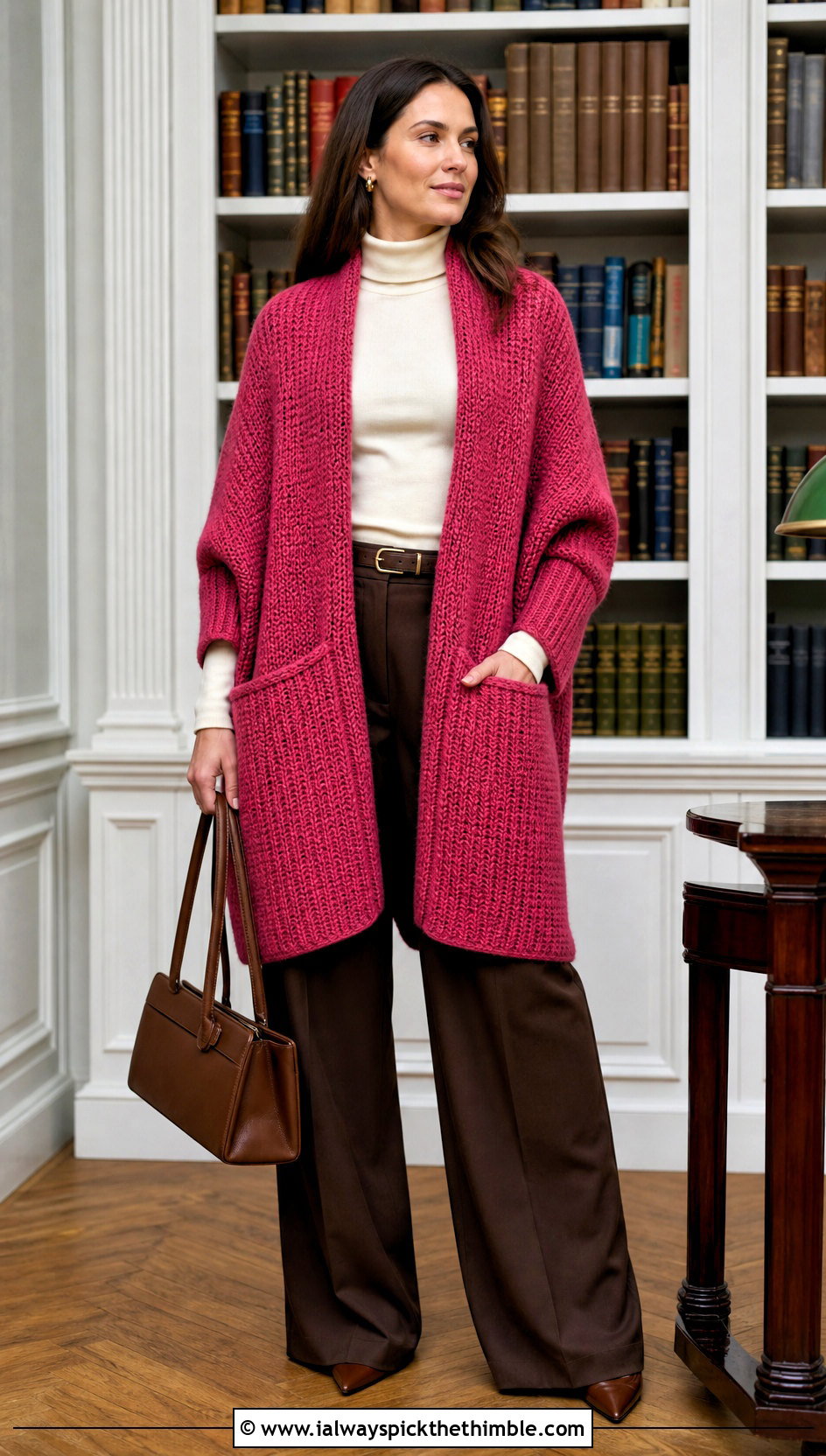 Oversized Tunisian Reader Pocket Shawl With Wide Leg Pants - 15 Tunisian Crochet Pocket Shawl outfit ideas