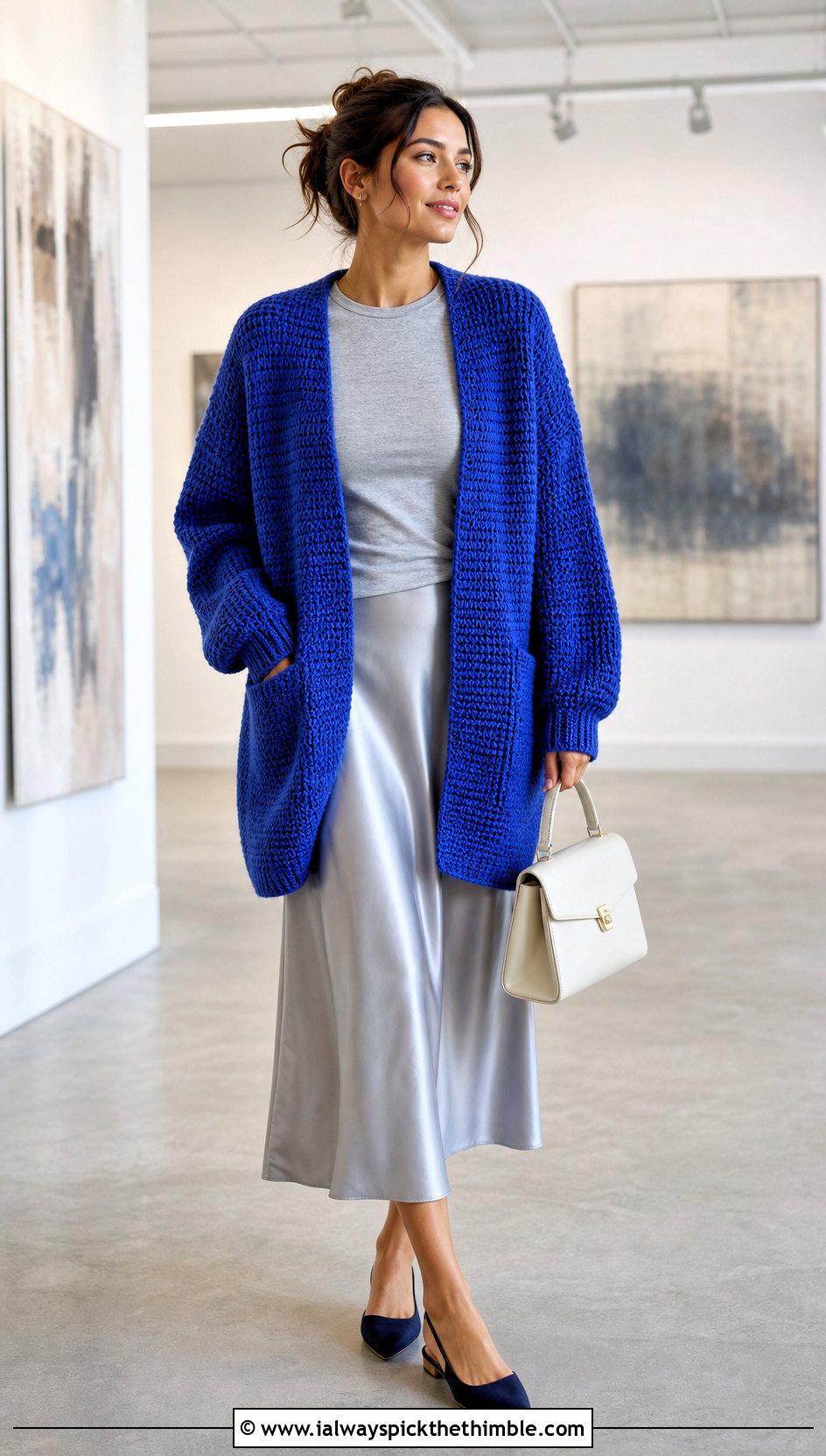 Oversized Tunisian Simple Stitch Cardigan With Satin Skirt - 25 tunisian crochet cardigan outfit ideas