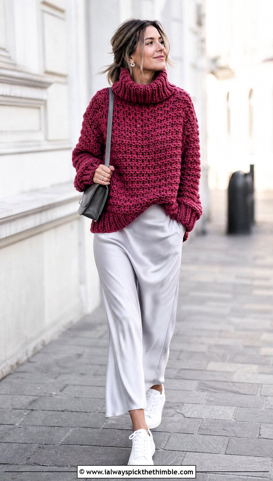 Oversized Turtleneck Chunky Crochet Jumper With Slip Skirt And Sneakers - 25 chunky crochet jumper outfit ideas
