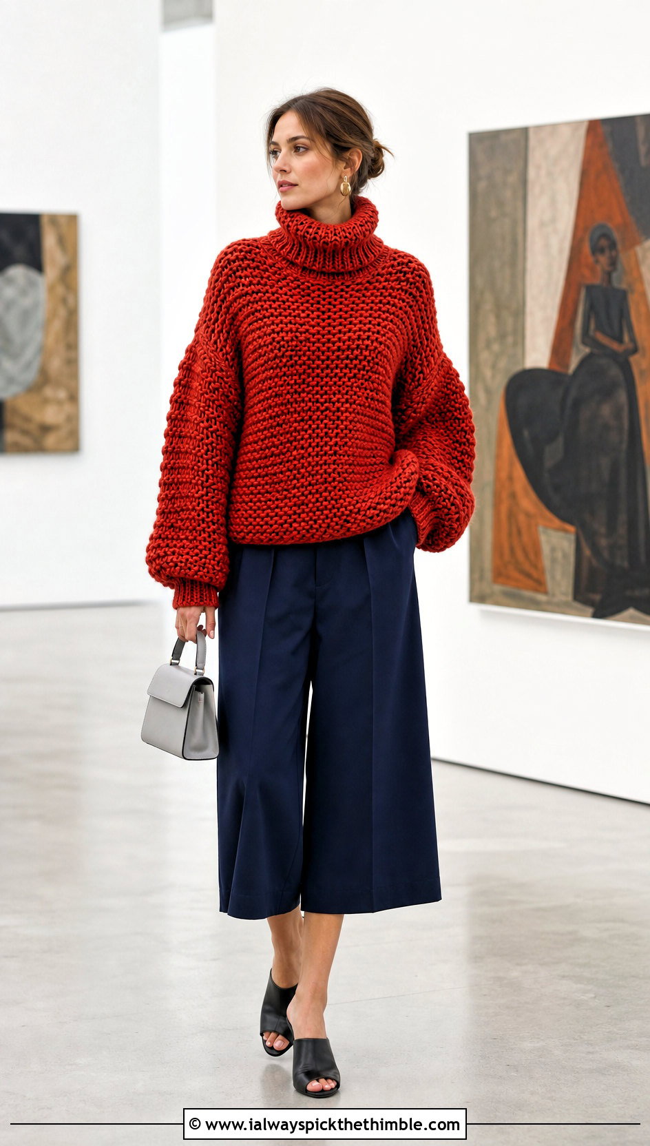 Oversized Turtleneck Crochet Chunky Sweater With Culottes And Mules - 25 crochet chunky sweater outfit ideas