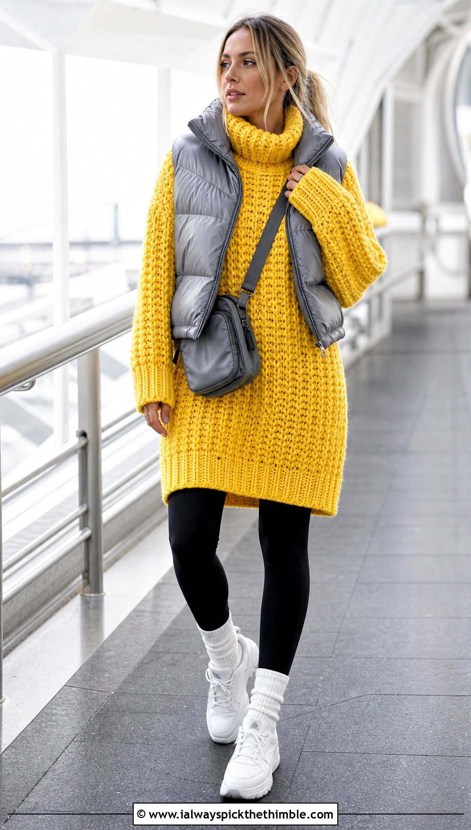 Oversized Turtleneck Crochet Sweater Dress With Leggings - 25 crochet sweater dress outfit ideas