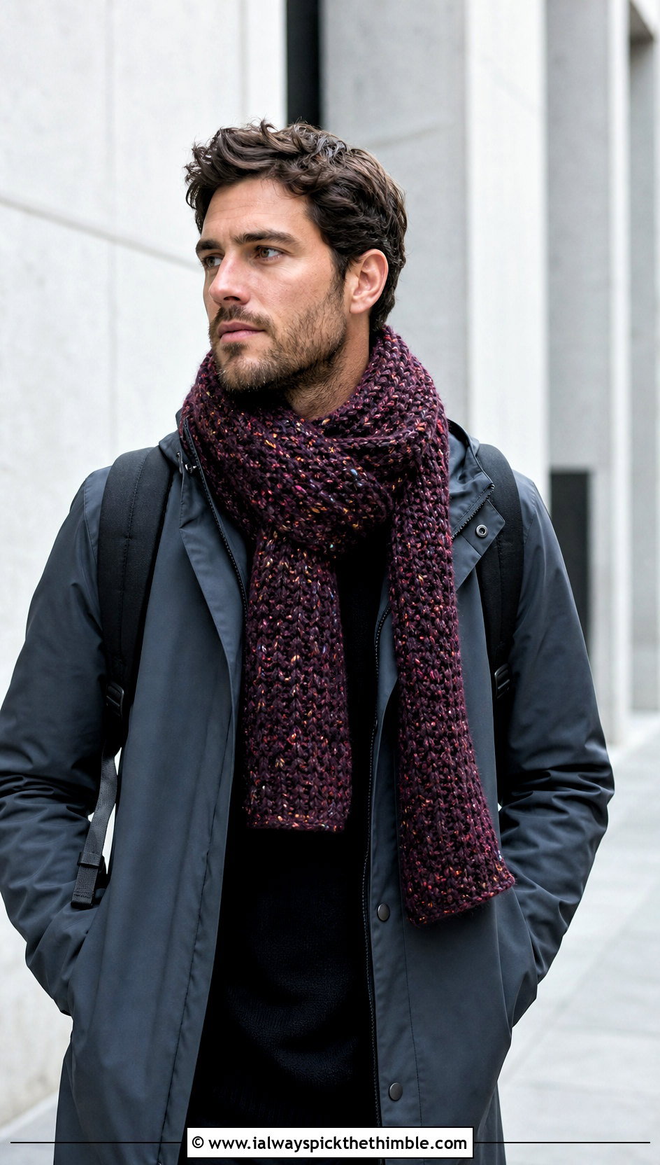Oversized Tweed Crochet Scarf With Minimalist Raincoat - 15 Tweed Men's Crochet Scarf outfit ideas