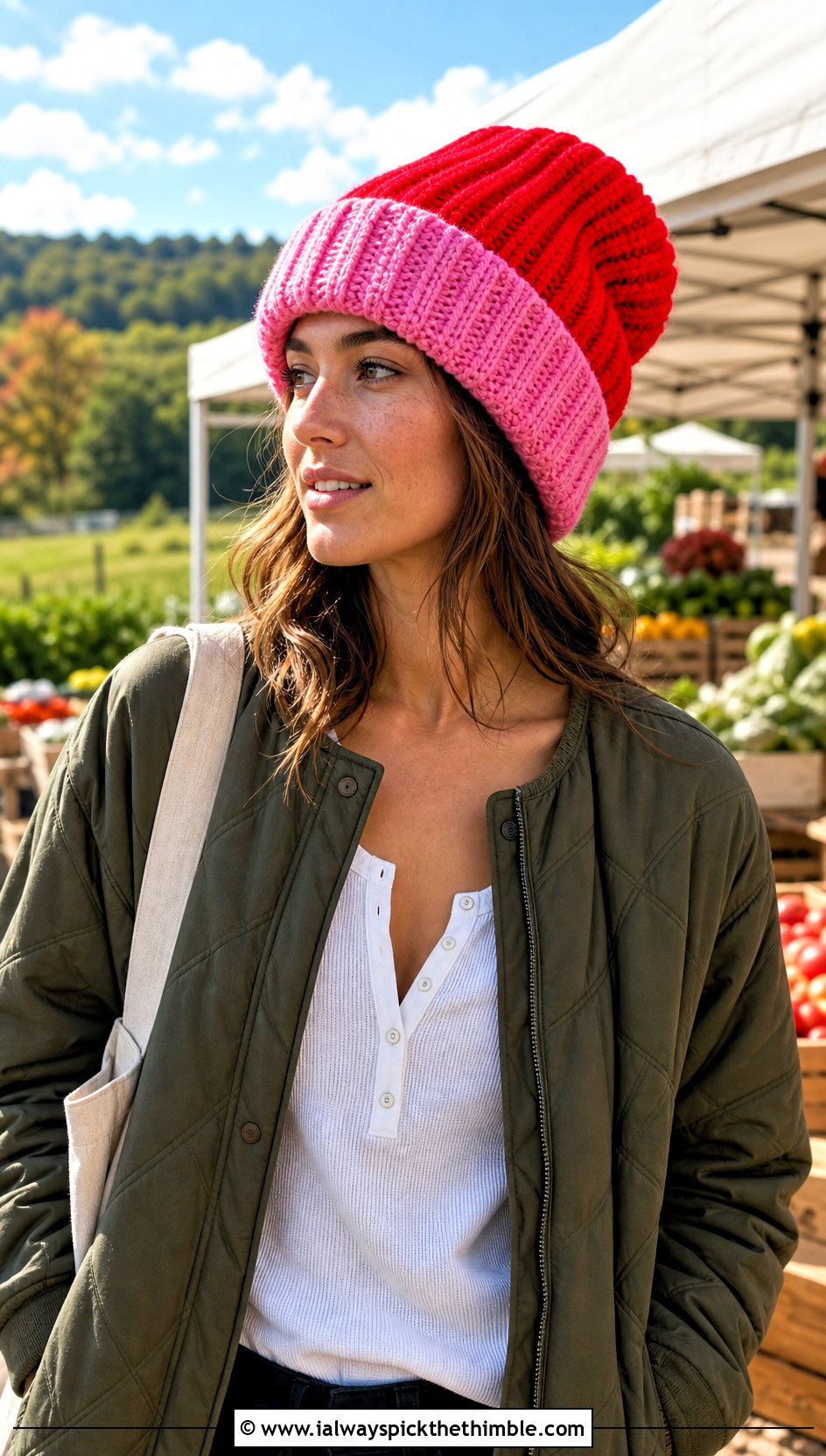 Oversized Two Tone Ribbed Crochet Beanie With Quilted Jacket - 15 Oversized Crochet Beanie outfit ideas