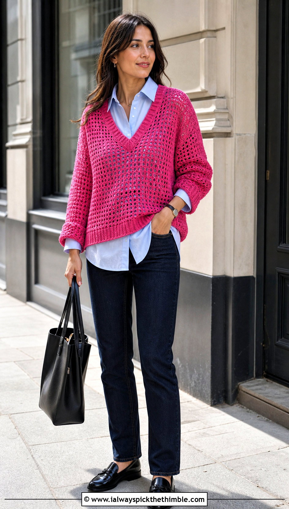 Oversized V Neck Crochet Pullover With Button Down Shirt - 25 crochet pullover outfit ideas