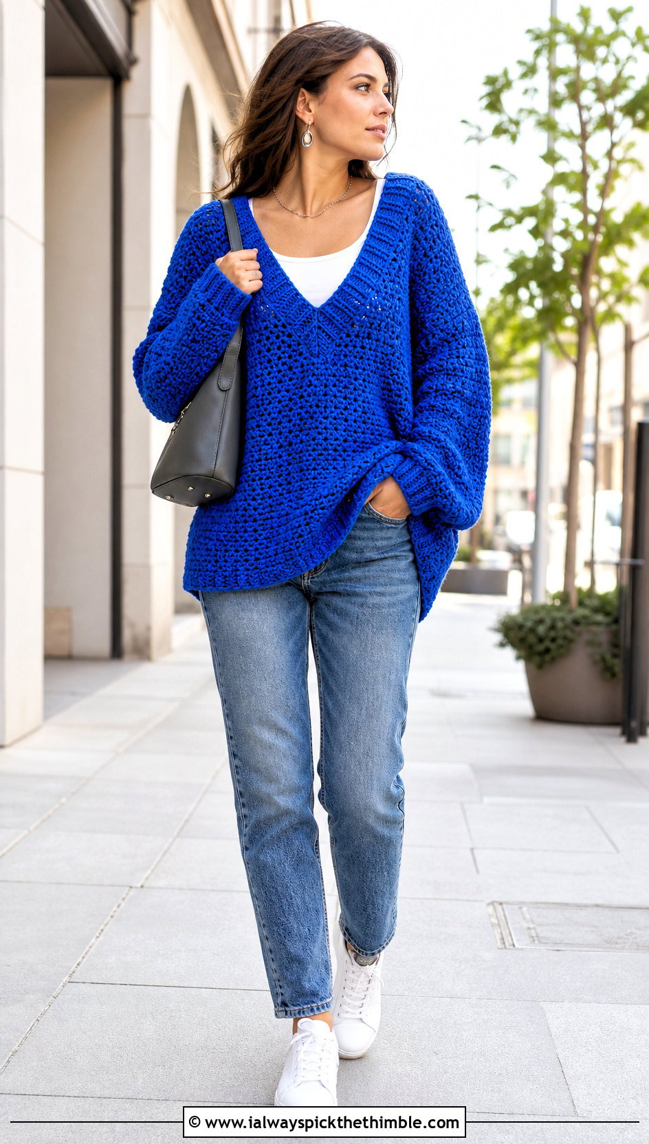Oversized V Neck Crochet Sweater With Straight Leg Jeans - 25 v neck crochet sweater outfit ideas