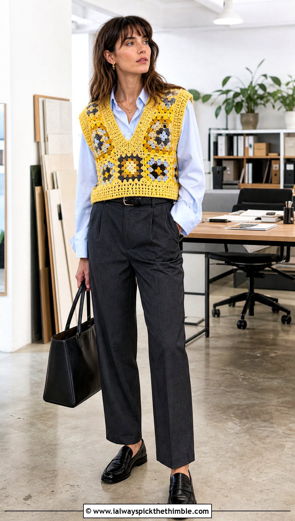 Oversized V Neck Granny Square Crochet Vest With Tailored Trousers - 20 Granny Square Crochet Vest outfit ideas