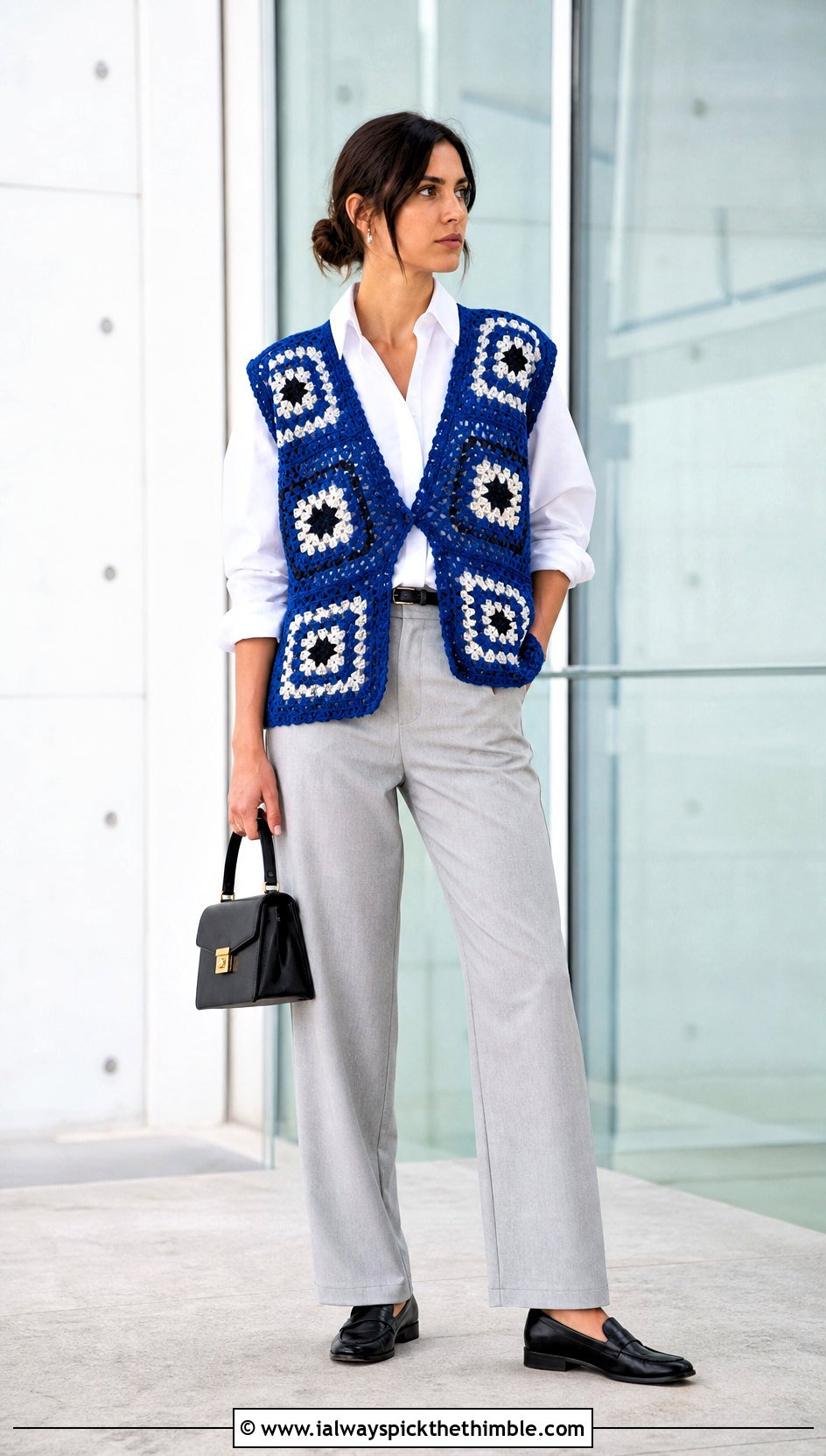 Oversized V Neck Granny Square Sleeveless Cardigan With Tailored Trousers - 20 granny square sleeveless cardigan outfit ideas