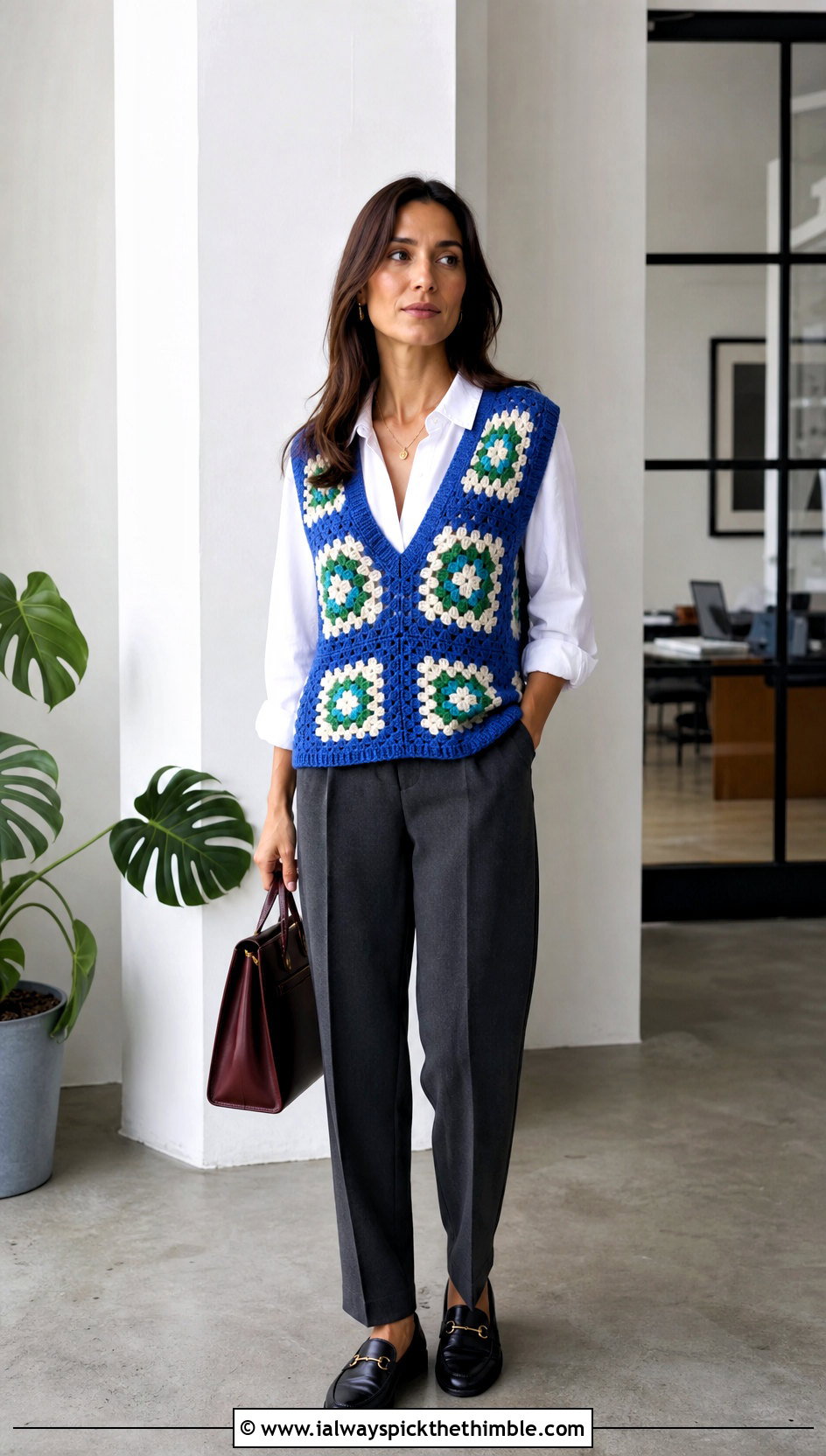 Oversized V Neck Granny Square Sleeveless Vest With Tailored Trousers - 20 Granny Square Sleeveless Vest outfit ideas