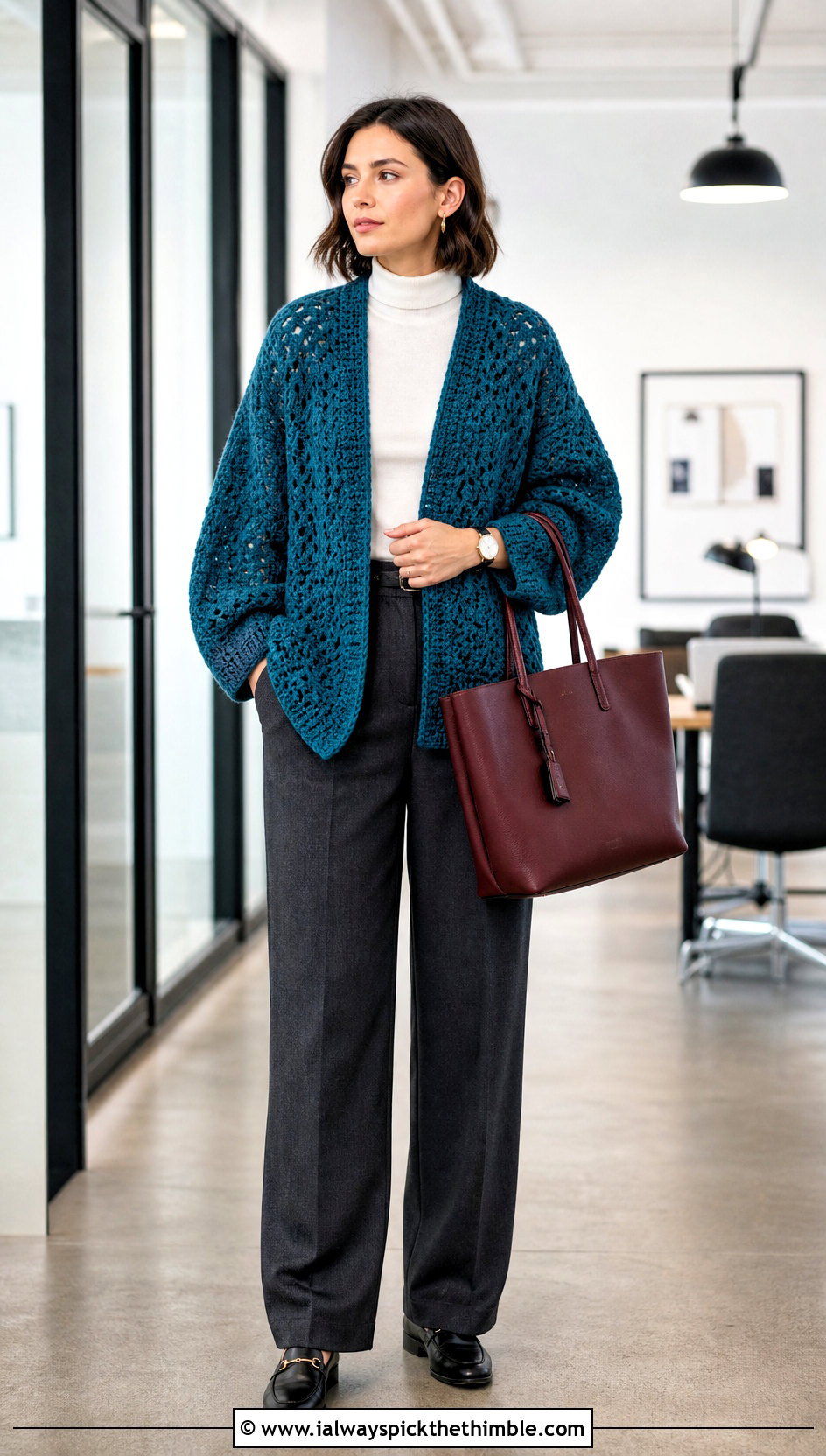 Oversized V Stitch Cardigan With Straight Leg Trousers - 20 Crochet V Stitch Cardigan outfit ideas