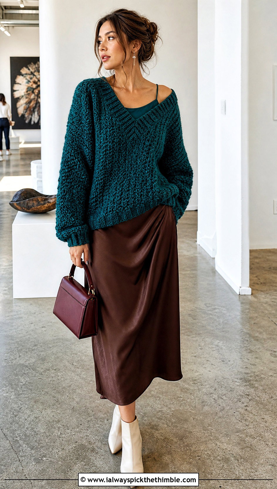 Oversized V Stitch Crochet Sweater With Satin Midi Skirt - 20 V Stitch Crochet Sweater outfit ideas