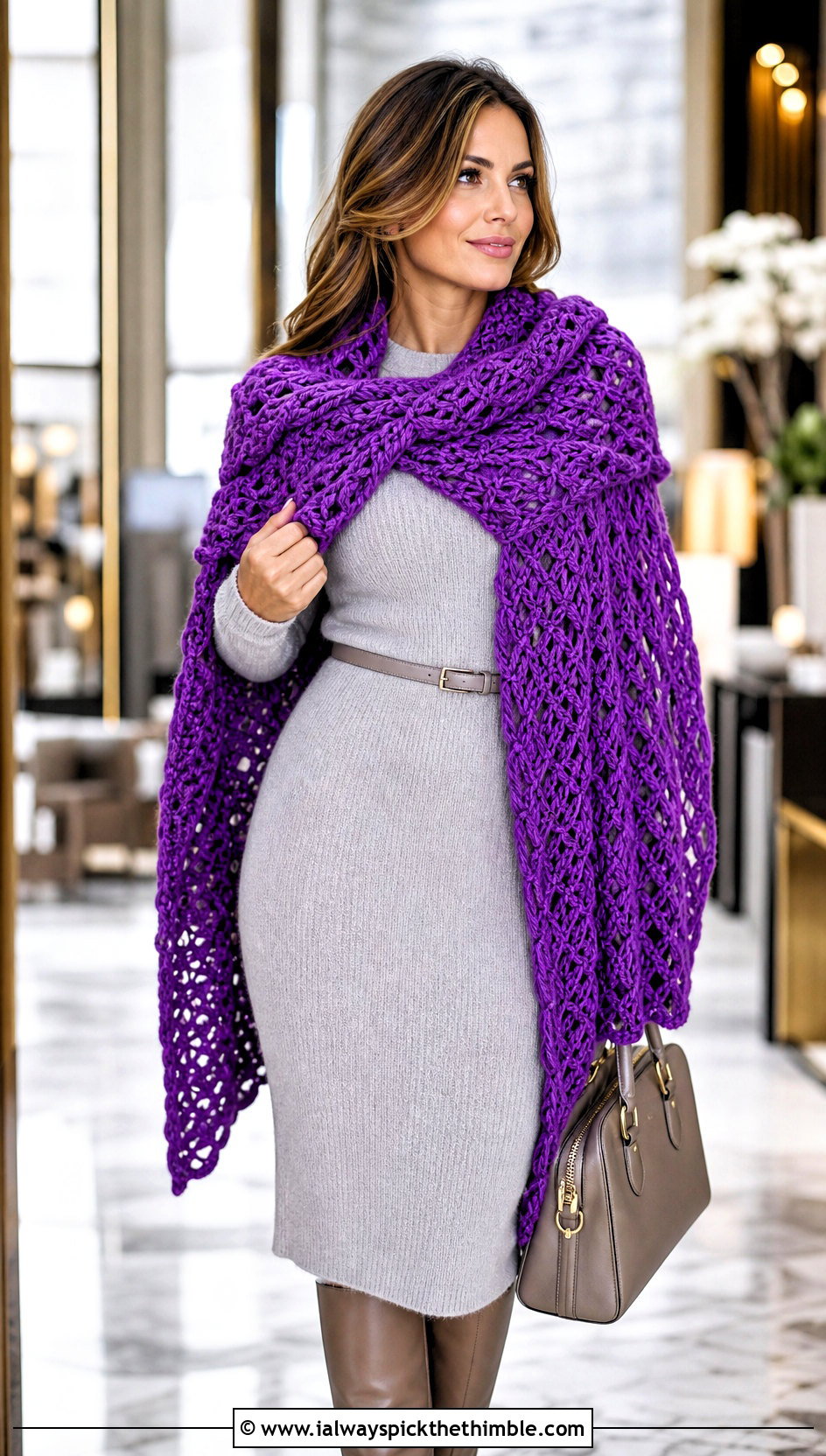 Oversized V Stitch Crochet Wrap Scarf With Knit Dress - 20 v stitch crochet scarf outfit ideas