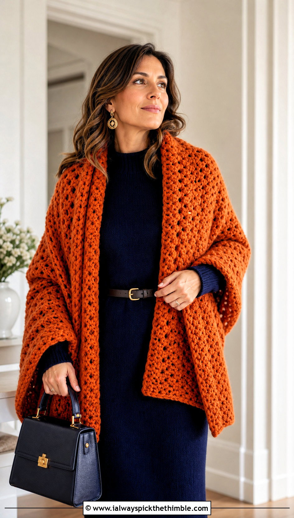 Oversized V Stitch Scarf With Sweater Dress - 20 crochet v stitch scarf outfit ideas