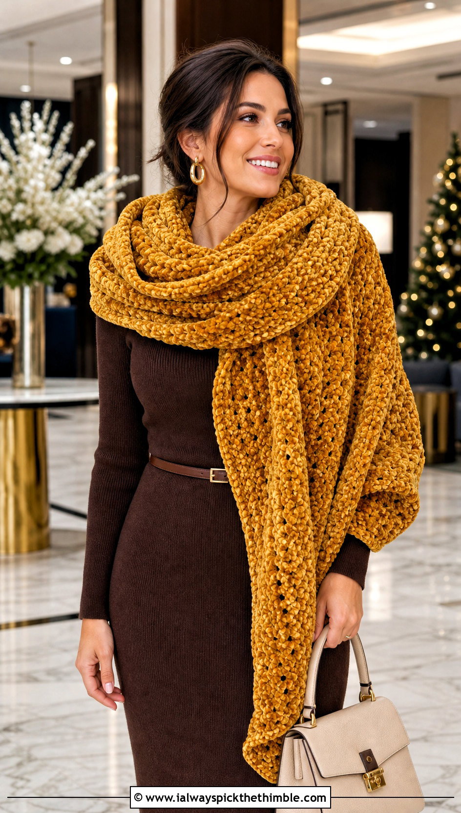 Oversized Velvet Crochet Blanket Scarf With Sweater Dress - 20 Velvet Crochet Scarf outfit ideas