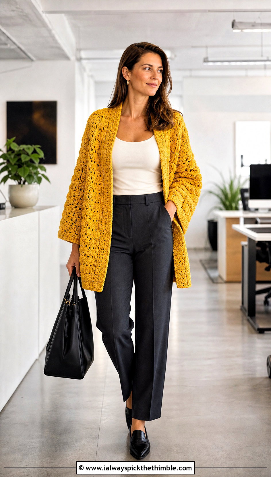 Oversized Velvet Crochet Cardigan With Tailored Trousers - 15 velvet crochet cardigan outfit ideas
