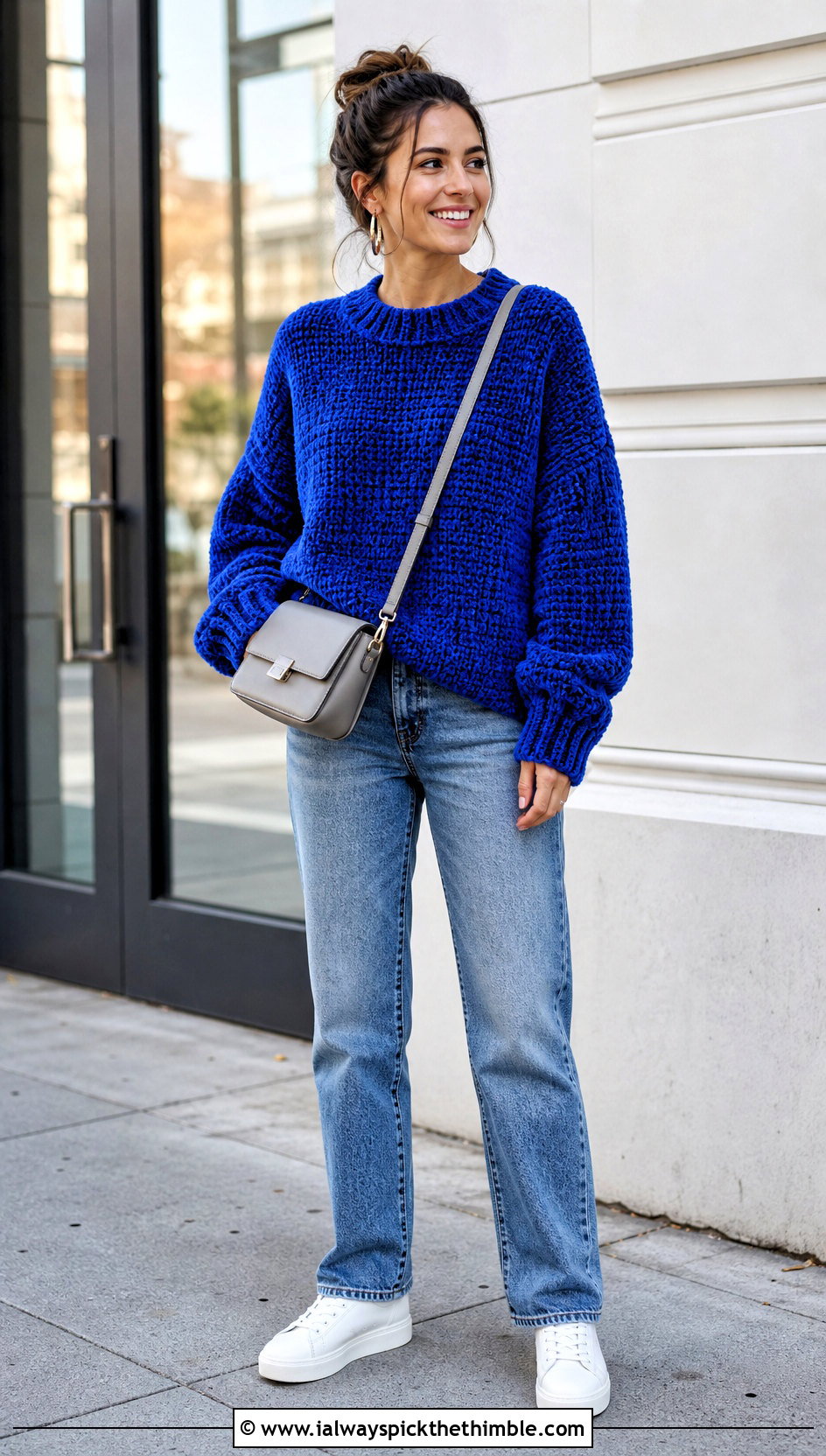Oversized Velvet Crochet Crewneck With Straight Leg Jeans - 20 velvet crochet sweater outfit ideas