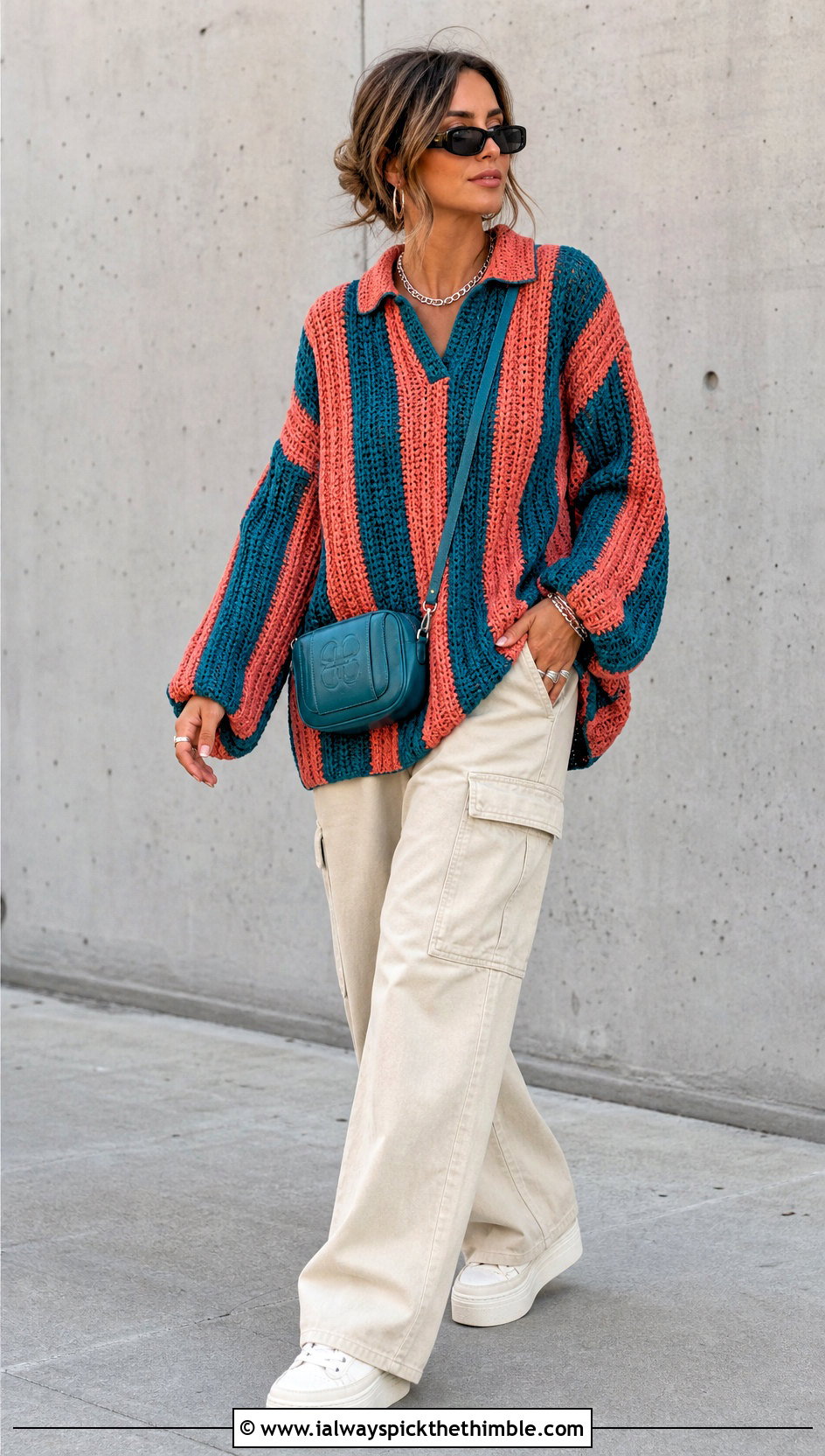 Oversized Vertical Stripe Crochet Sweater Polo With Cargo Pants - 15 vertical stripe crochet sweater polo outfit ideas