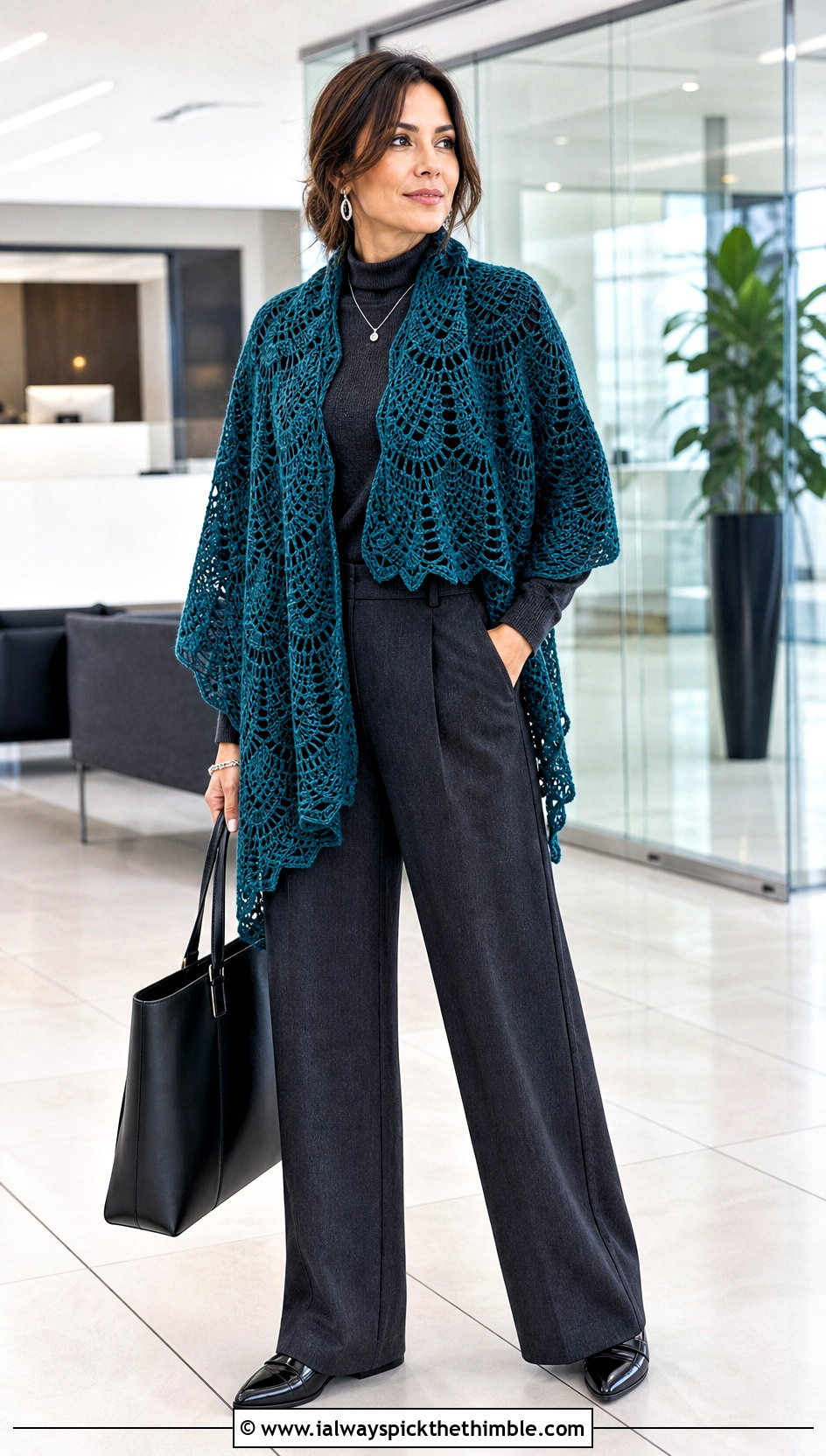 Oversized Virus Shawl With Tailored Wide Leg Trousers - 25 crochet virus shawl outfit ideas
