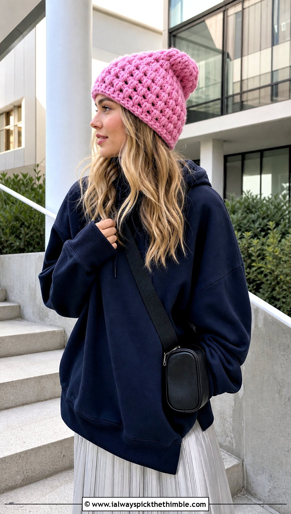 Oversized Waffle Crochet Beanie With Hoodie And Pleated Skirt - 20 waffle crochet beanie outfit ideas